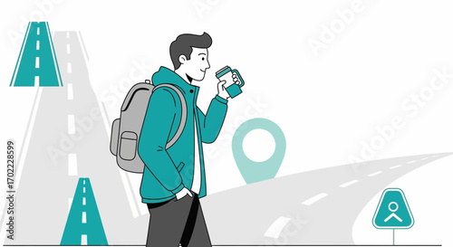 An Adventurer Planning His Trip With a Map And Enjoying Coffee On An Open Road