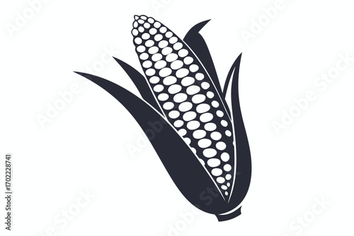Isolated dark corn cob with leaves on white backdrop simple design