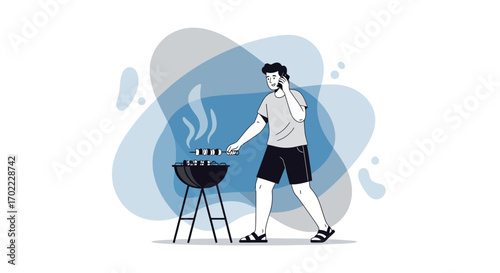 A man grilling food outdoors while talking on the phone during a barbecue event