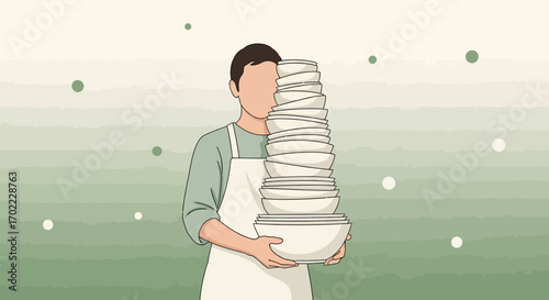 A man holding a huge pile of dishes, a depiction of everyday life illustration