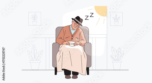 An elderly man napping comfortably in an armchair, ideal for healthcare illustrations