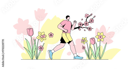 A man jogging in a flowered spring garden, outdoors, illustration, fitness