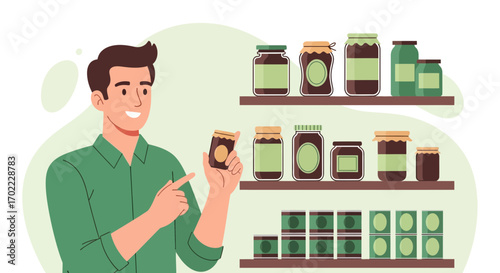 A Man Inspecting Preserved Food Jars, Exploring Shelf Display with Delightful Options