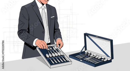 A man in a suit examining silverware from a luxurious set for dining illustration