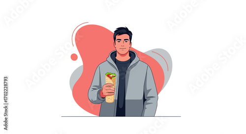 A man holding a delicious shawarma wrap, food vector illustration design