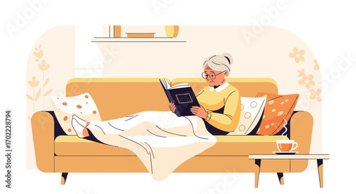 An Elderly Woman Reading Book on the Sofa in Illustration Style, Cozy Scene