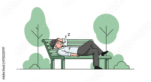 An elderly man relaxing and napping on a park bench in a tranquil outdoor setting