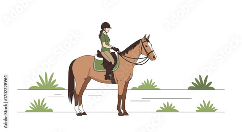 An illustrated rider on a brown horse in a field posing on white backdrop