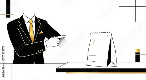 An Illustration Depicting a Man in a Suit Pointing at a Paper Bag on a Table