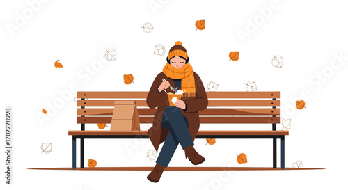 An illustration depicting a person eating takeout food on a bench in autumn weather