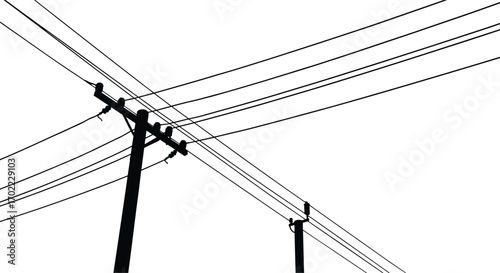 Close-up view of utility poles and power lines crossing against clear sky, electrical infrastructure, energy transmission cables, modern urban utility, silhouette, clean minimal vector art