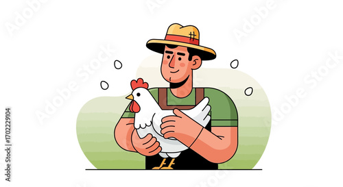 An illustration of a farmer holding a chicken with eggs on a green background