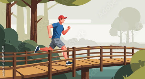 A man running on a bridge in a park during the sunset or sunrise hours