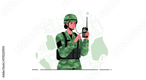 An illustration of a female soldier using a walkie-talkie, on a map background