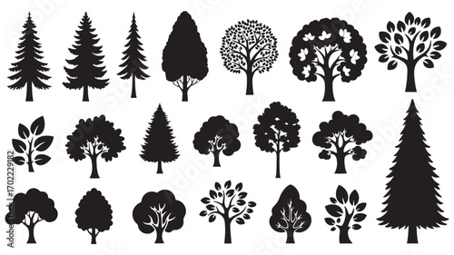 Tree Silhouettes Assorted Black Trees, Graphic, Woodland Foliage, Nature Designs, Diverse Forest Shapes