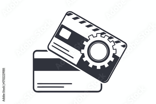 Isolated Flat Black Bank Cards with Gears on White Background Design