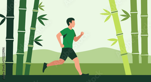 A Man Runs through a Bamboo Forest, Embracing Fitness and Nature in Harmony