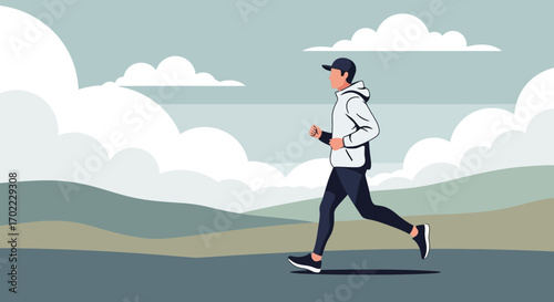 An Illustration of a Man Running in the Nature During a Sunny Day with Mountain and Cloud views
