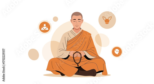 A Monk Meditating in Lotus Position with a Prayer bead Rosary and Iconography