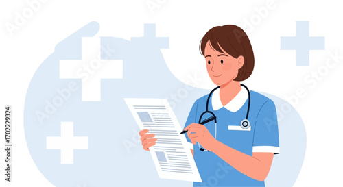 An illustration of a nurse writing on a medical document with stethoscopes and an overview