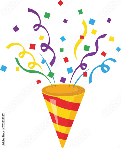 Celebration party popper exploding confetti streamers festive joy vector