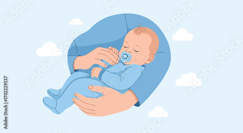 A mother cradling a sleeping baby, vector illustration of love and care in pastel colors