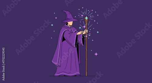 A Mysterious Purple Wizard with a Magic Staff and Sparkling Stars on Purple Background