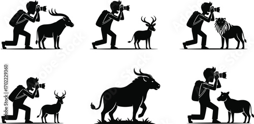 Wildlife photographer capturing animals, nature photography scene, safari adventure moments, wildlife interaction, professional photographer with wild animals, outdoor photography art
