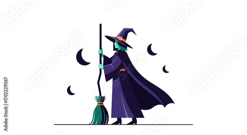 A Mystical Witch With Her Broom, Flying Under The Crescent Moons For Halloween Celebration