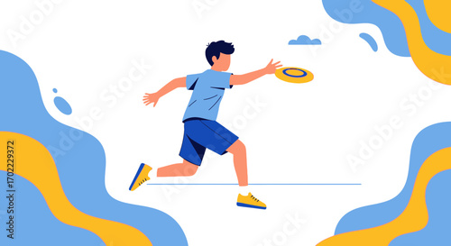 An illustration of a person playing frisbee with a dynamic and vibrant aesthetic