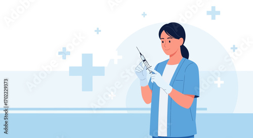 A nurse holding a syringe, vaccination or injection illustration, healthcare concept