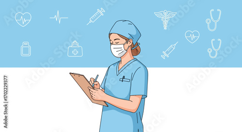 A Nurse Doing Her Round with Medical Icons and a Clean Background Display