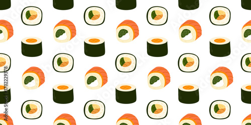 Colorful sushi pattern featuring various rolls and ingredients on a white background