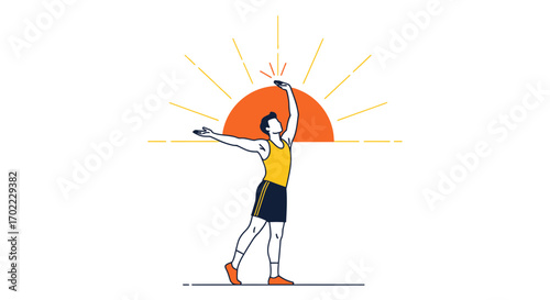 An illustration of a person reaching for the sun embracing the sunrise for inspiration