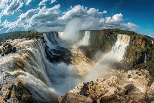 Majestic waterfall cascading with rainbow in lush landscape under a blue sky