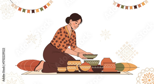 An illustration of a woman arranging pottery on the floor with decorative elements