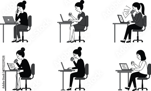Women working at desk with laptop, drinking coffee, office work, remote work, business communication, focused professional, productivity, multitasking, workplace routine