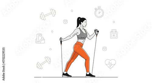An illustration of a woman doing exercise resistance with a white background