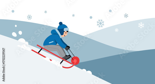 A person enjoying wintertime sledding down a snow-covered hill on a sunny day