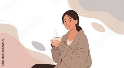 An illustration of a woman enjoying a cup of coffee in a cozy and relaxing setting