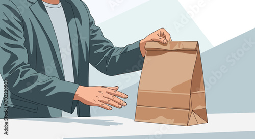 A person holding a brown paper bag, lunch or delivery concept illustration
