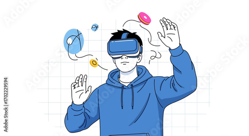A person experiencing virtual reality with a headset and interacting with floating objects