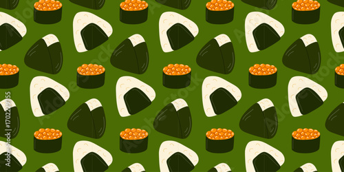 Colorful sushi pattern featuring onigiri and sushi rolls on a green background
