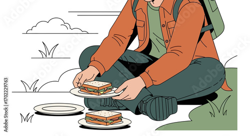 A Person Outdoors Preparing to Eat a Sandwich With Plates and a Backpack