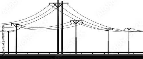 Silhouette of electrical power poles and wires above highway, utility poles, energy transmission infrastructure, road transport, clear sky background, modern vector design, industrial power lines