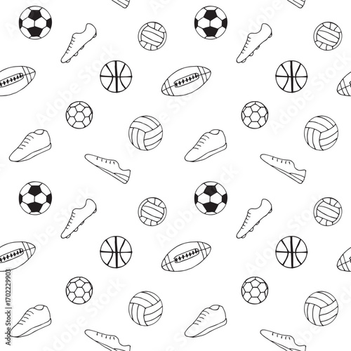 Team sports balls and sneakers, seamless pattern, hand drawing, vector illustration