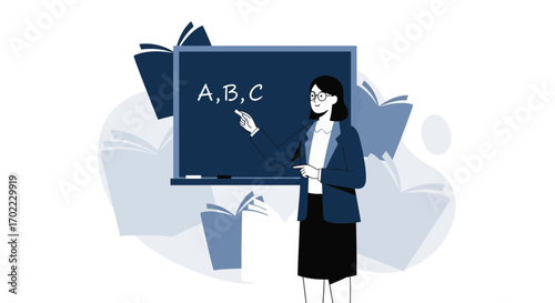 An illustration to represent a teacher teaching the alphabet to a student at school