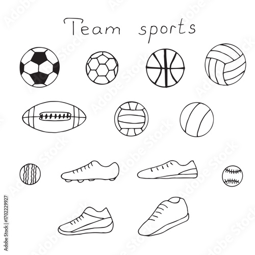 Team sports set of balls and sneakers, hand drawing, vector illustration