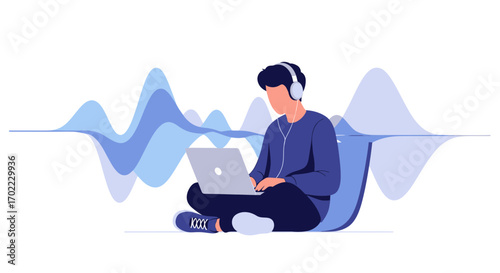A person working on a laptop while listening to music with a waveform graphic