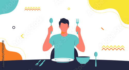 A Person, Ready To Eat, Is Holding Utensils And Anticipating A Meal